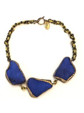 Lena Bernard  Brushed Gold Matte Blue Lapis Lazuli Stone Chunky Beaded Necklace
